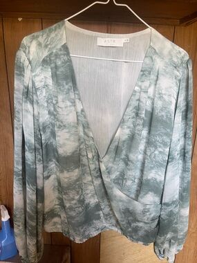 Astr Draped Wrap Blouse in Seafoam and White Tie-Dye